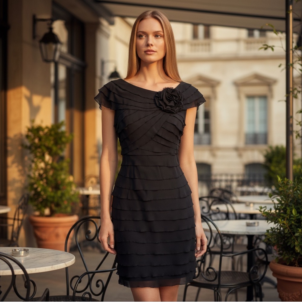 London Times Black Chiffon Tiered Layered Sheath Dress Small